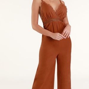 Lace cropped terra cotta crochet jumpsuit LG NWT
